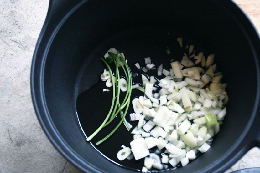 onions, garlic, cilantro stems